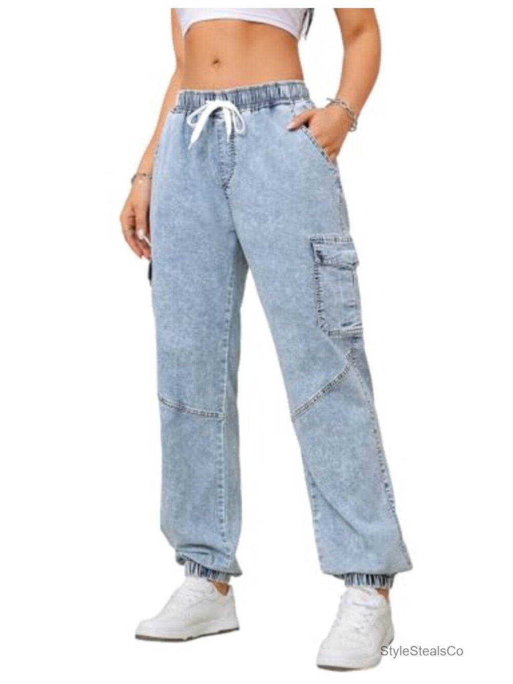 Women's Stretchy Denim Jogger Pants with Drawstring, Relaxed Fit Cargo Jeans